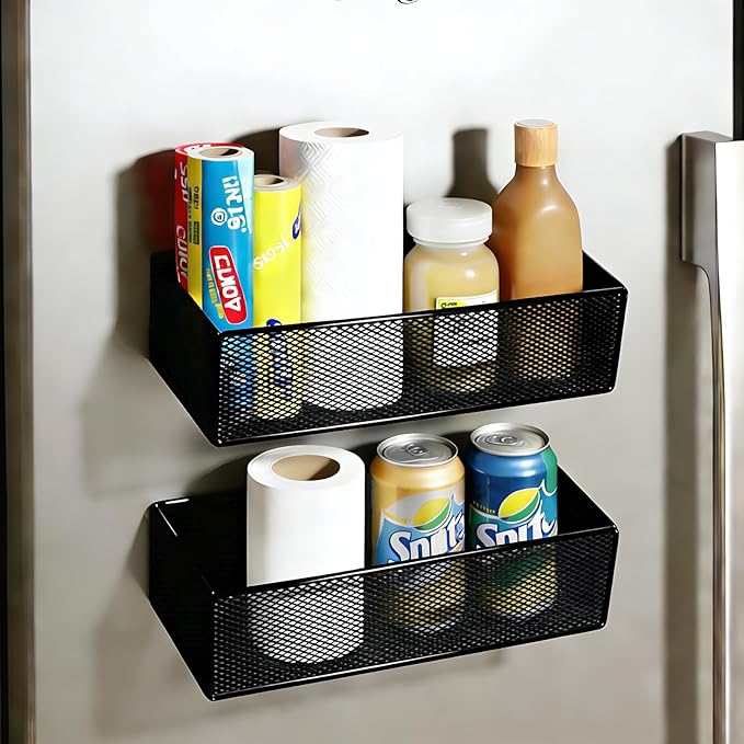 Magnetic Basket Organizer Holder for Fridge，Magnetic Shelf for Washing Machine， Magnetic Mesh Basket, Black Rectangular Steel Shelf Organizer, 10.43 x 4.92 x 3.15 Inches (Black , 2pack)