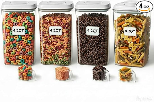 4 Pcs Large Pop Airtight Food Storage Containers Set with Lids, 4.2Qt/4L Food Containers with Scoop, Kitchen Pantry Organization and Storage, BPA Free Stackable Cereal Container (4 * 4.2Qt)