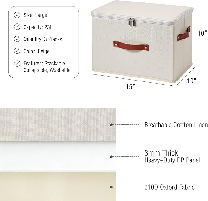 3PCS Storage Bins Boxes with Zippered Lids Cotton Linen Fabric Decorative Basket PU Leather Handles PP Plastic Board Foldable Lidded Clothing Shelf Closet Organizer Container (Beige, Large)