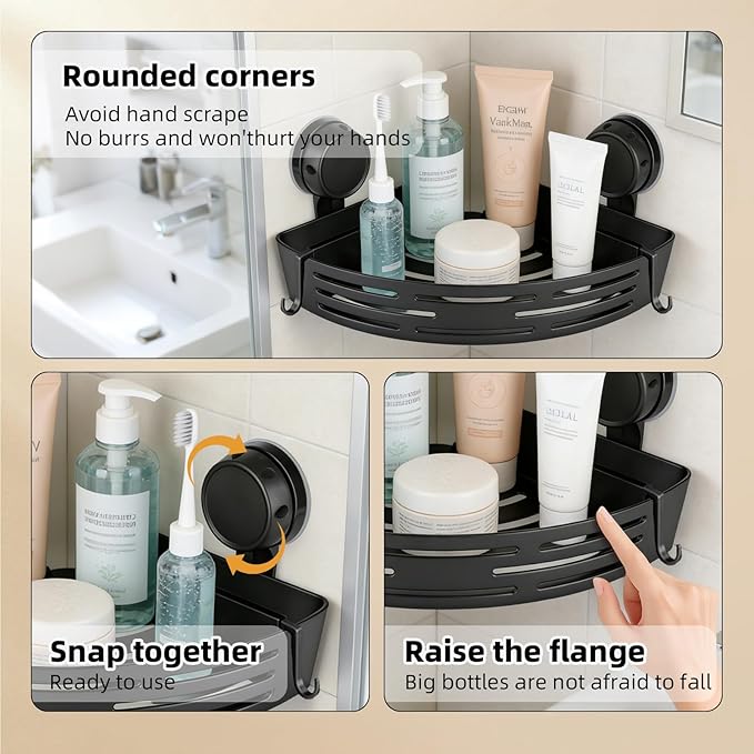 2026 New Triangle Suction Cup Corner Shower Shelf - No Drilling Bathroom Storage Rack with Towel Bar, Adhesive Organizer for Corners, Black, 3-Layer Design