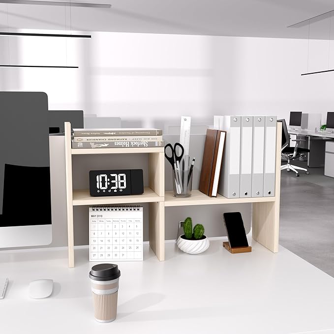 Jerry & Maggie Desktop Organizer Office Storage Rack Adjustable Wood Display Shelf Birthday Gifts Toy Home Decor Free Style Rotation Display True Natural Stand Shelf (White Wood Tone/2 Pack)
