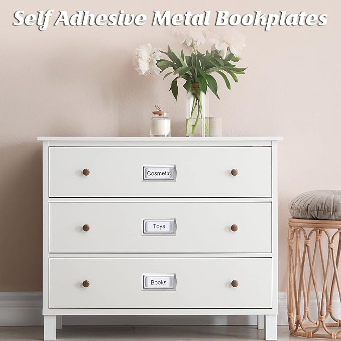 24 Pcs Self Adhesive Metal Bookplates for Books Card Horizontal Clip Label Holders Metal Drawer Tag Silver Label Plate for Office Library Book File Cabinet Drawer Tag Teacher School Classroom