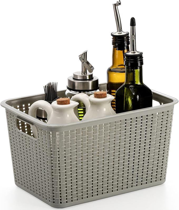 WUWEOT 9 Pack Plastic Storage Basket Bins Organizer, Cabinet and Shelf Basket with Handle,10" L x 6.8" W x 5.5" H, 3 Colors
