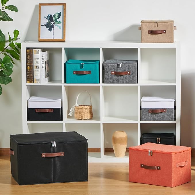 Storage Bins with Zipper Lid Cotton Linen Fabric Lidded Storage Baskets Boxes Foldable Washable Closet Shelf Clothes Organizer Container with PU Leather Handles (Purple, Large)