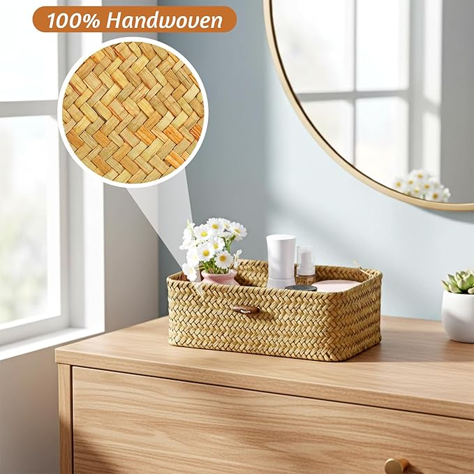 4 Set Wicker Storage Basket With Lid, 4 Size Handwoven Storage Bins Shelf Baskets Multipurpose Container for Home & Office Supplies