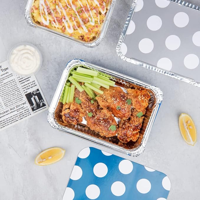 Restaurantware-16 Ounce Disposable Takeout Containers, 50 Rectangle Food Containers - With Polka Dot Lids, Blue Takeaway Container, Aluminum Delivery Container, Freezable