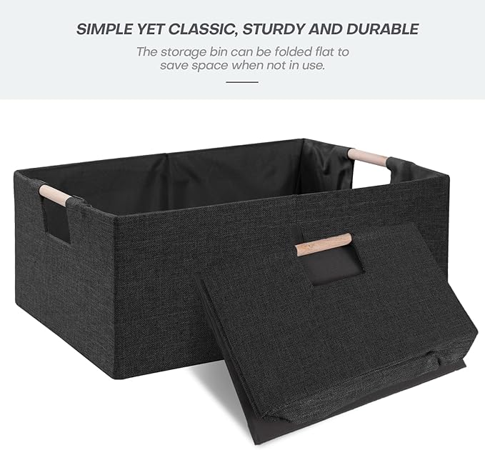 ANMINY 4PCS Storage Baskets for Organizing Collapsible Fabric Storage Bins Boxes with Wood Handles Closet Shelves Cube Organizer Bins Clothes Laundry Storage Container - Large, Black