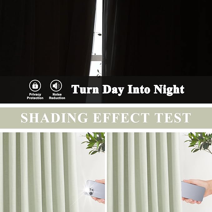 Vision Home Soft Green Pinch Pleated Full Blackout Curtains Linen Blended Room Darkening Window Panels 95 inch for Living Room Bedroom Thermal Insulated Pinch Pleat Drapes with Hooks 60" Wx95 Lx1