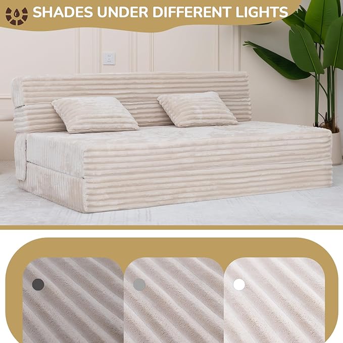 Folding Sofa Bed Queen Size, Convertible Sleeper Chair Loveseat with Pillow, Futon Chair Sofa Bed, Fold Out Floor Couch, Foldable Mattress for Living Room, Bedroom, Guest Room, Dorm, Beige