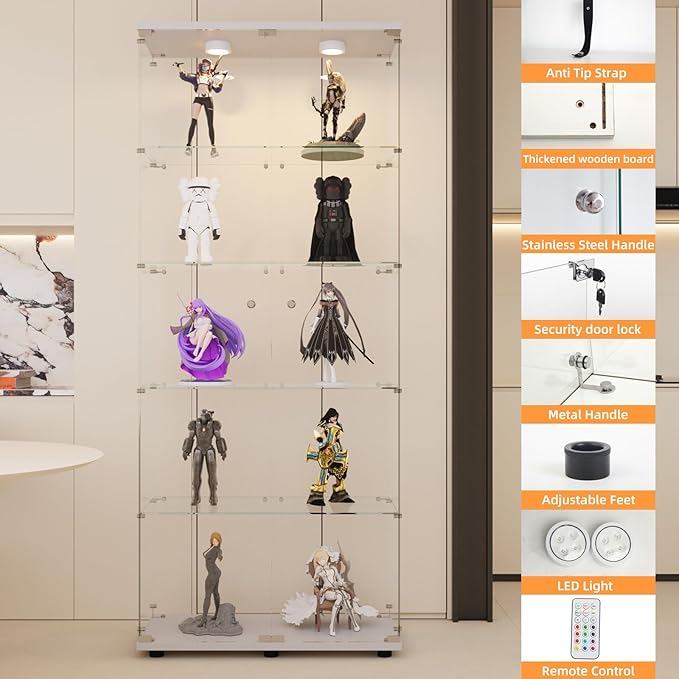 LFT HUIMEI2Y Glass Display Cabinet 5-Shelf with LED Lights and Lock, 2 Door Curio Cabinets Upgraded Quick-Install Style Tempered Glass Floor Standing Bookshelf for Living Room, Bedroom, Kitchen White