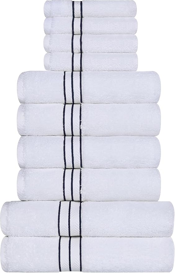 Superior Hotel Turkish Cotton 10 Piece Towel Set, Ultra Plush Spa Quality Heavyweight Essentials for Bathroom, Thick Absorbent and Soft, Dobby Border, Includes 2 Bath 4 Hand 4 Washcloths, Navy Blue
