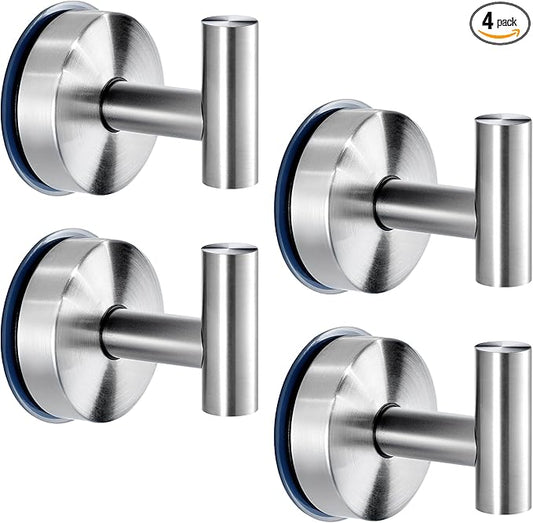 JOMOLA Suction Cup Hooks for Shower Wall Stainless Steel Vacuum Hook Heavy Duty Bathroom Suction Towel Holder Coat Hooks Wall Hanger for Door Glass Kitchen Brushed Silver 4Pcs