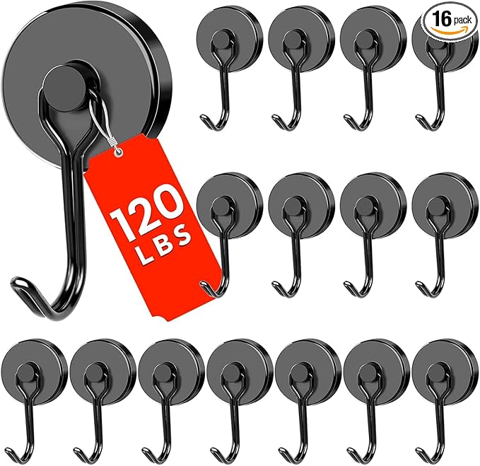 DIYMAG Black Magnetic Hooks, 120LBS Strong Magnetics Heavy Duty, Magnet Hook with Metal Hanger for Hanging Refrigerator Home Kitchen Office, 16Pack