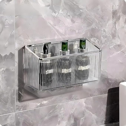 Adhesive Floating Wall Shelves – No Tools Needed for Installation | Perfect for Organizing Makeup, Toiletries & Home Accessories (Transparent_SilverEdge_Large)