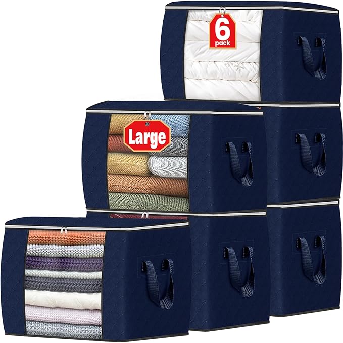 Fab totes 24 Gallons Clothes Storage, Foldable Thick Fabric Blanket Storage Bags,Containers for Organizing Bedroom, Closet, Clothing, Comforter,Organization with Handle (8 Pack,Blue)
