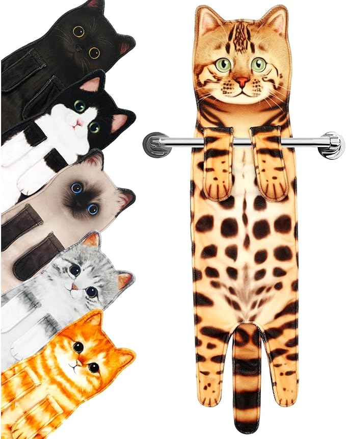 PAT JUUMG Funny Cat Hand Towels for Bathroom Kitchen Decor Towel,Cute Decorative Hanging Face Towels,Super Absorbent Soft, Housewarming Gift,Cat Lovers Gifts for Women (Leopard)