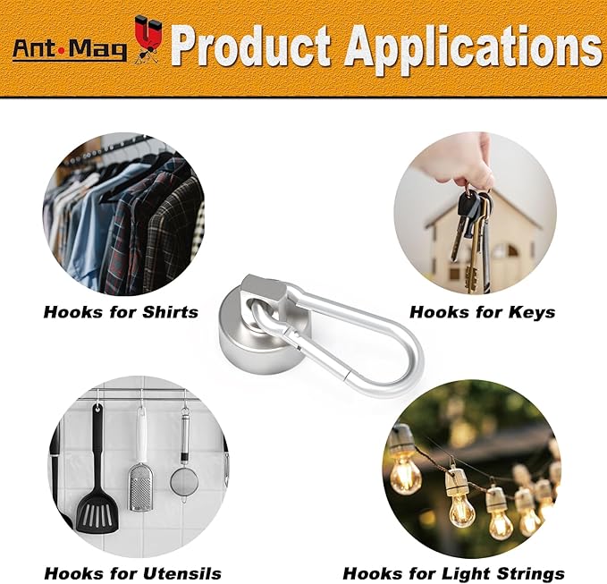 Ant Mag Magnets Hooks Heavy Duty with Carabiner 22lbs Strong Magnets Great Hanging for Refrigerator Cruise Cabin Grill Wreath Kitchen Office 10 Pack
