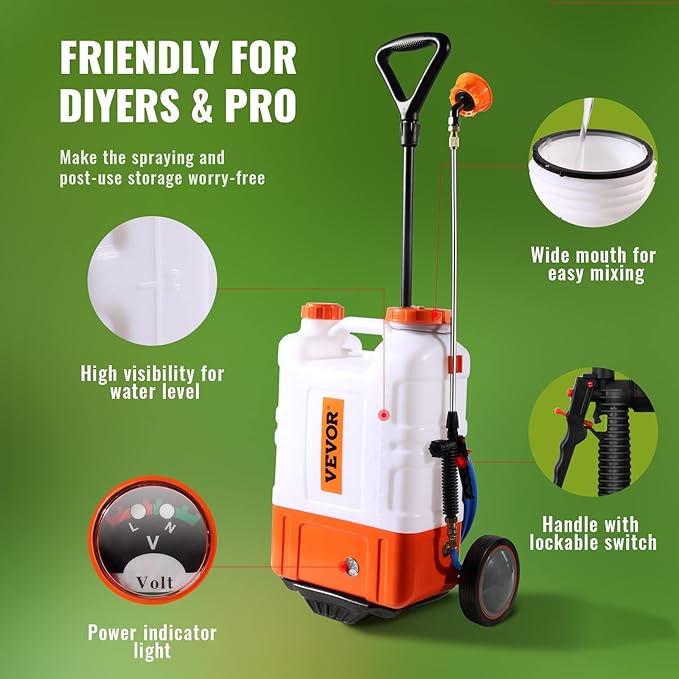 4 Gallon Battery Powered Backpack Sprayer with Wheeled Cart, Adjustable 0-94 PSI, 13FT Hose, 6 Nozzles, 2 Wands Included, Wide Mouth Lid for Weeding, Cleaning, Long Spray Time Without Fatigue