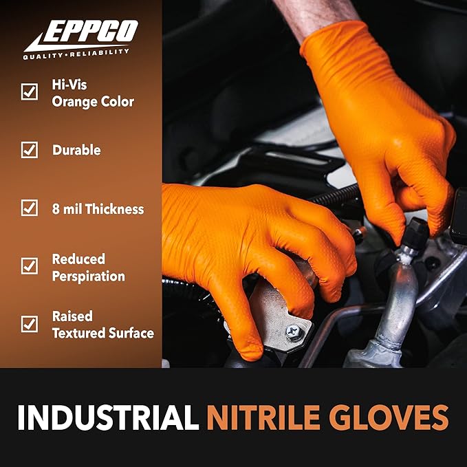 EPPCO TigerGrip 8-Mil Nitrile Glove Disposable Powder, Latex Free Textured Superior Grip Orange Gloves, Medium, Box of 100