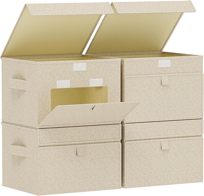 Fabric Storage Boxes, Closet Organizer with Handles, Basket Bins with Flip Cover, Cube Organization for Clothes, Shoes, Blankets, 10.2x7.9x6.7in, Grey and Beige, 4 Pack