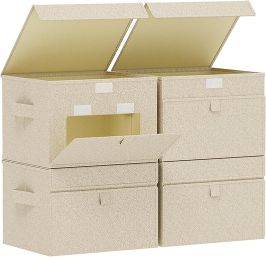 Fabric Storage Boxes, Closet Organizer with Handles, Basket Bins with Flip Cover, Cube Organization for Clothes, Shoes, Blankets, 10.2x7.9x6.7in, Grey and Beige, 4 Pack