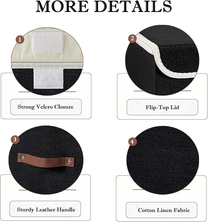 Collapsible Storage Boxes Baskets with Lid Cotton Linen Fabric Storage Bins with Faux Leather Handles Decorative Washable Cube Organizer Container for Home Closet Bedroom (Black, Large Size)