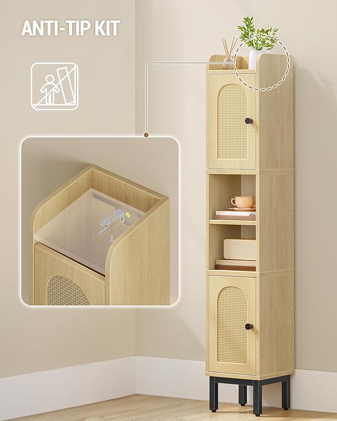Slim Bathroom Storage Cabinet, Narrow Bathroom Organizers and Storage with 4 Adjustable Feet, Laundry Room Organization for Small Space, Kitchen, Living Room, 2 Doors Rattan Yellow BC22402Y