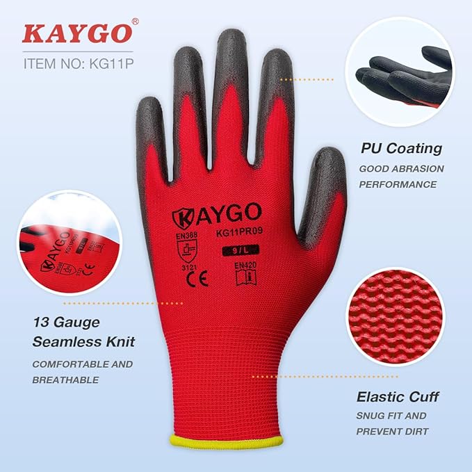 Work Gloves for Men and Women, 12 Pairs Seamless Knit PU Coated Safety Gloves, with Smooth Grip on Palm and Fingers, Ideal for Light Warehouse, Manufacturing, Gardening, KG11P (M, Red)