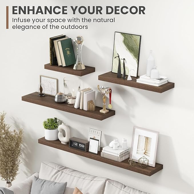 72 Inch Floating Shelves, 8 Inch Deep Floating Shelves for Wall, Hanging Shelf with Invisible Brackets, Deep Shelves for Bathroom, Bedroom, Living Room, Walnut, Set of 2