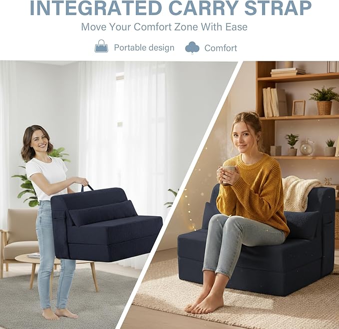 Tiita Convertible Folding Sofa Bed Single Size for Adults with Pillow, Plush Fabric Floor Mattress Couch Bed, Washable Cover & Side Pocket, Guest Room, Dorm, Apartment, Living Room, Navy