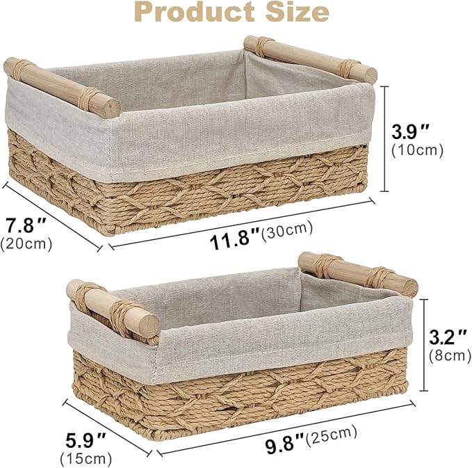 Wicker Storage Baskets with Wooden Handle, Decorative Paper Rope Organizer Bins for Home, Bathroom, or Countertop, Small Baskets Set of 2 (Beige)