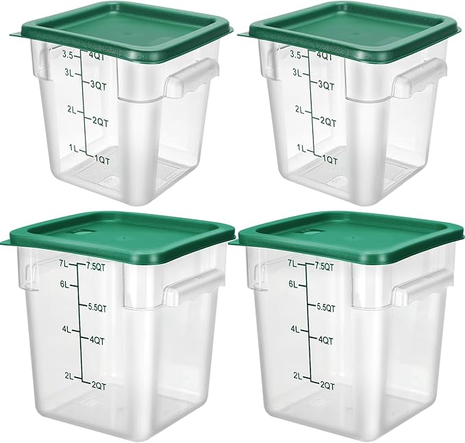 Lallisa 4 Pcs 8qt & 4qt Clear Food Storage Containers with Lids Handles and Scales, Stackable Plastic Square Food Storage Containers for Dough Proofing Baking Kitchen Restaurant(Green)