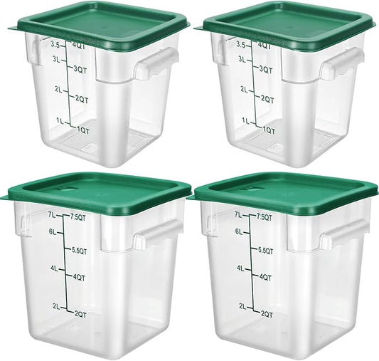 Lallisa 4 Pcs 8qt & 4qt Clear Food Storage Containers with Lids Handles and Scales, Stackable Plastic Square Food Storage Containers for Dough Proofing Baking Kitchen Restaurant(Green)
