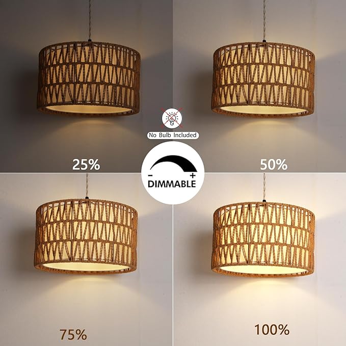 HuisMier Plug in Pendant Light Rattan Hanging Lamp 15 Ft Boho Hanging Lights with Rattan Woven & Fabric 2 in 1 Shade, Dimmable Plug in Pendant Light for Living Room Bedroom Dining Room