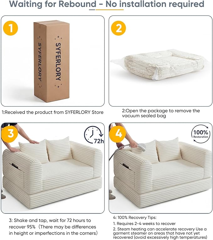 57“ Loveseat Folding Sofa Small Couches Armchair Convertible Chaise Longue Versatile 2 in 1 for Small Spaces, Couch Mid Century Love Seat Couches for Bedroom, Apartment, 2-Seater, Beige
