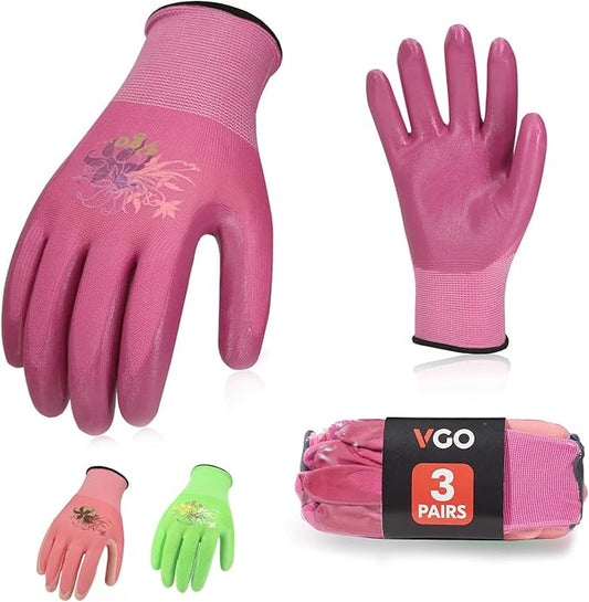 Vgo... 3Pairs Ladies' Nitrile Coating Gardening and Work Gloves (Size L, Green & Pink & Purple, NT2110)