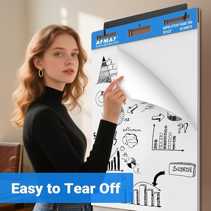 AFMAT Sticky Easel Pads, 20 in x 23 in Flip Chart Paper for Teachers, Super Sticky & Bleed-Resistant, Self-Stick Easel Paper for Office/Classroom/Whiteboard/Wall/Windows, 30 Sheets/Pad, 8 Pads