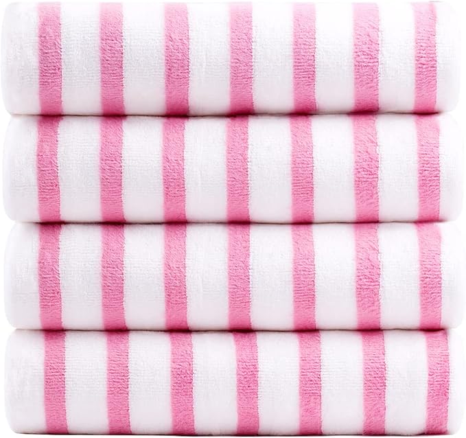 Beach Towels, 4 Pack, 30" x 60", Large Microfiber Bath Towel Set, Cabana Stripe, Absorbent, Quick Dry for Salon, Sauna, Hotel, Travel, Sport, Swimming, Pool, Yoga, Camping, Stripe Pink White