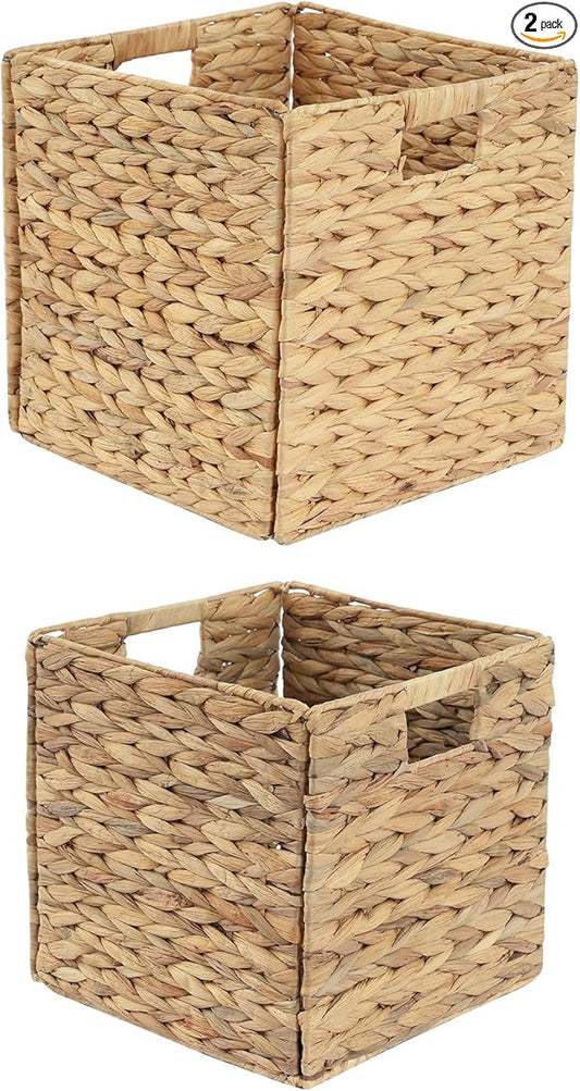 2-Pack Foldable Wicker Cubes 12x12x12 Inch, Cube Storage Bin Woven Storage Basket, Square Wicker Basket for Home & Kitchen Shelf Organizers, Decorative Storage Basket for Bedroom/Bathroom/Office