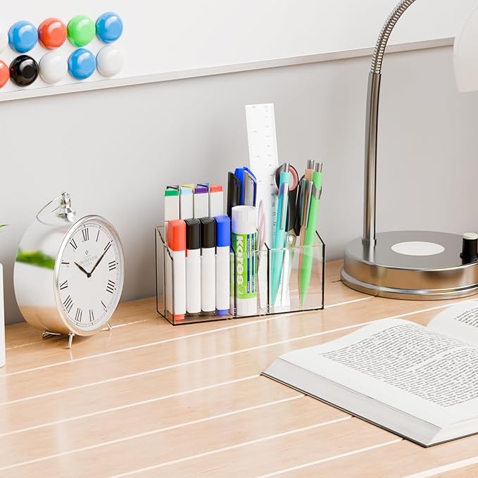 Yieach Magnetic Whiteboard Marker Holder - And With Adhesive for Wall- Non Slip Acrylic Expo Magnetic Cup for Dry Erase Markers,4 Compartment Clear Magnet Pen Holder for Fridge,Classroom Organizer,1Pc