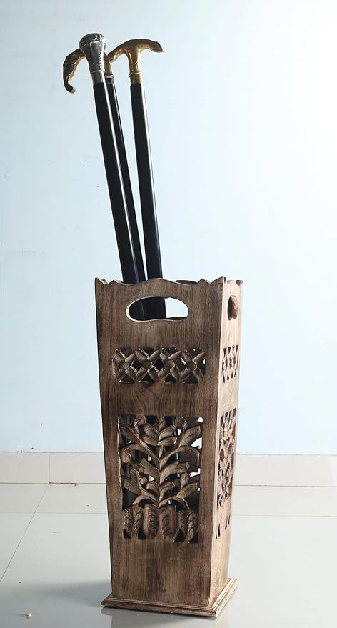 Hand-Carved Wooden Umbrella Stand & Walking Cane Holder | 21 Inch Tall Decorative Umbrella Rack for Entryway, Home & Office | Rustic Floor Storage Organizer