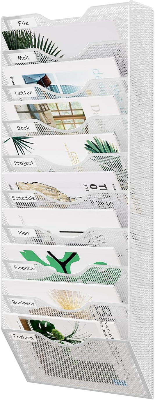 EasyPAG 10 Pocket Mesh Wall File Organizer, Hanging Paper Folder Holder with Classify Label, Vertical Wall Mount Mail Organizer for Office Home Classroom, White