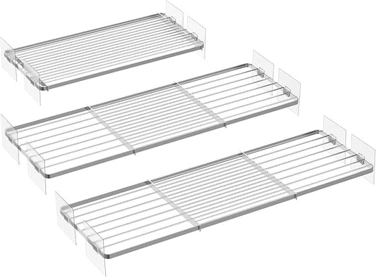 Rod Closet Shelves,Expandable-Large Metal Storage Racks,3 Packs DIY Dividers Separators for Cabinet Wardrobe Cupboard Pantry Kitchen Bathroom (Silver,7.9" D x 17"-31" W,3PCS)