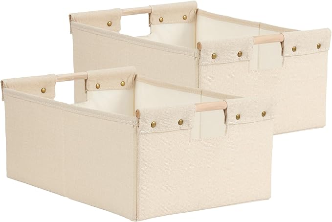 2PCS Storage Bins Cotton Linen Fabric Storage Boxes Basket with Wooden Handles Foldable Washable Decorative Shelf Container Clothes Organizer Home Laundry - Medium Size, Beige