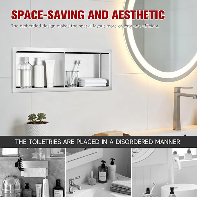 No Tile Needed Shower Niche 9"X 25", Bathroom Wall Niche Double Shelves, Stainless Steel Shower Niche for Bathroom, Kitchens, Balconies