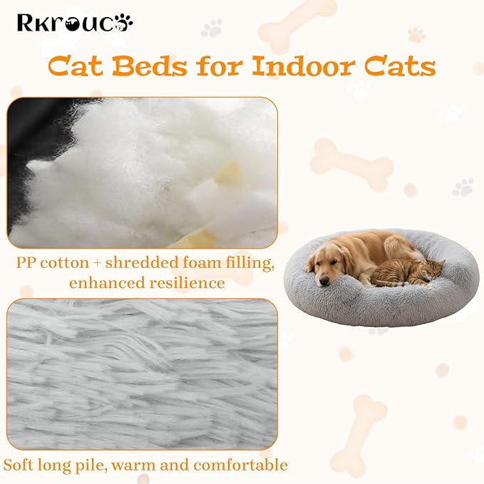 Fluffy Dog Bed Calming Donut Beds for Large Dogs Warming Round Small Medium Pet Nest Cozy Cat Mattress Indoor Washable Puppy Kennel Kittens Sleep Mat (XS, 20×20 inch, Light Gray)