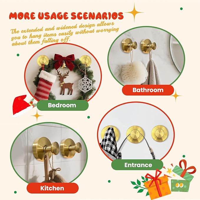 Suction Cup Hooks, Suction Cup Hooks for Shower,Removable Towel Hooks for Bathroom Window Glass Door Wall, Bath Robe Looafh Wreath Hook for Hanging (Gold)