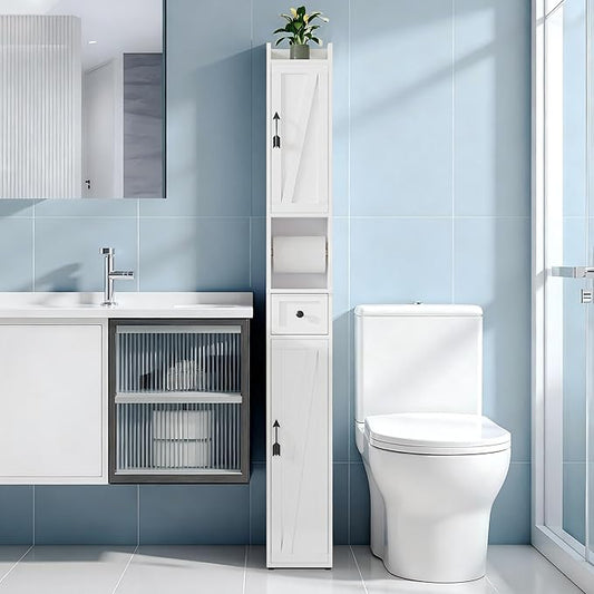 VECELO Narrow Bathroom Storage Cabinet, Tall Cabinet with Adjustable Shelves & Toilet Paper Holder & Drawer, Slim Freestanding Floor Cabinets with Magnetic Door for Small Spaces, White