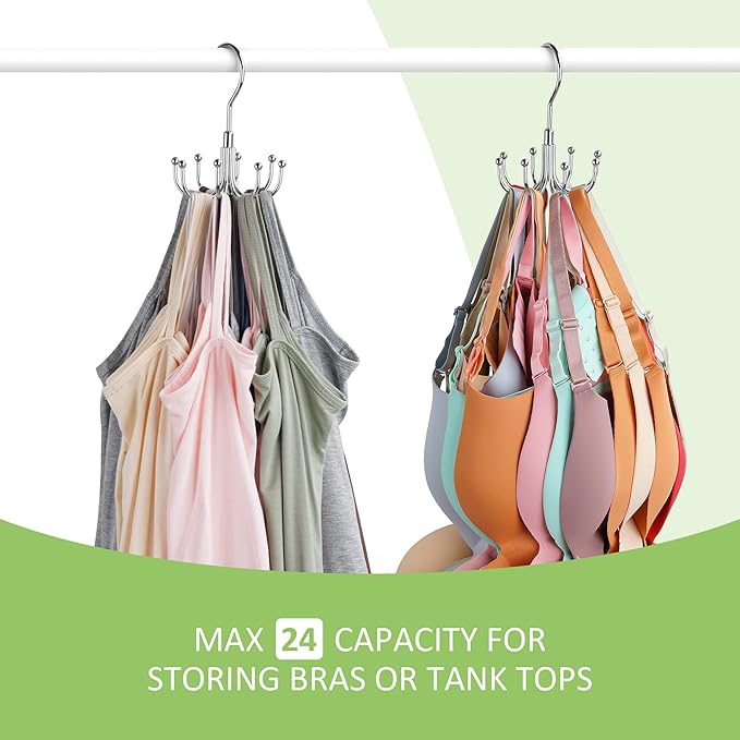 Tank Top Hanger, Rotatable Bra Hanger for Closet, Max 24 Capacity Metal Tank Top Holder Storage Space Saving Sport Bra Organizer, Silver