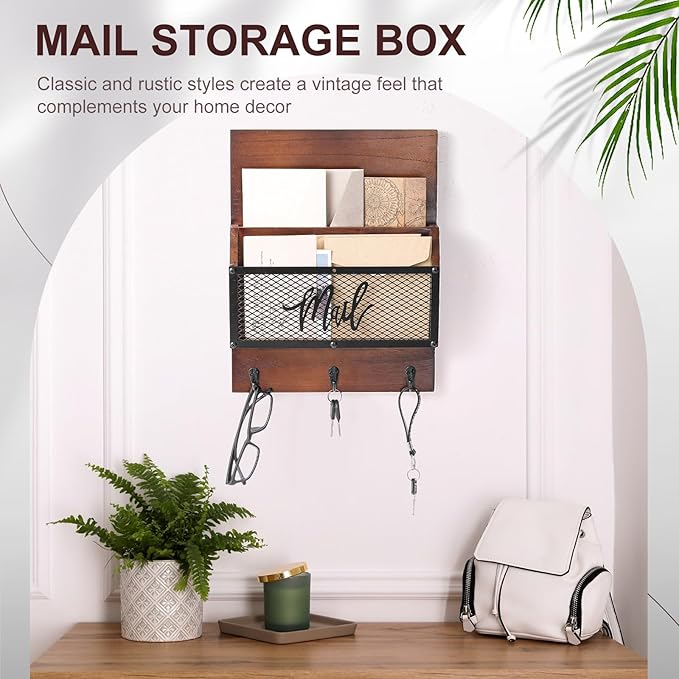 Farmhouse Mail Organizer Wall Mounted Rustic Mail Holder Hanging Key Sorter with 3 Hooks Indoor Wooden Wall Mounted, Letter, Magazines, Newspapers, Keys (Classics,Dark Brown)